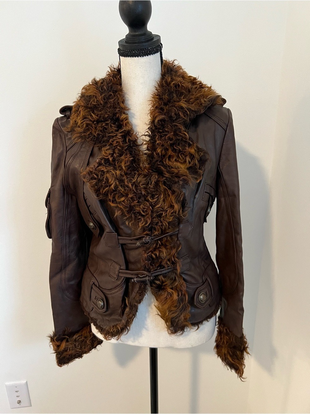 Vintage Brown Genuine Leather Shearling Moto Jacket Fur Collar Toggle Size XS-S
